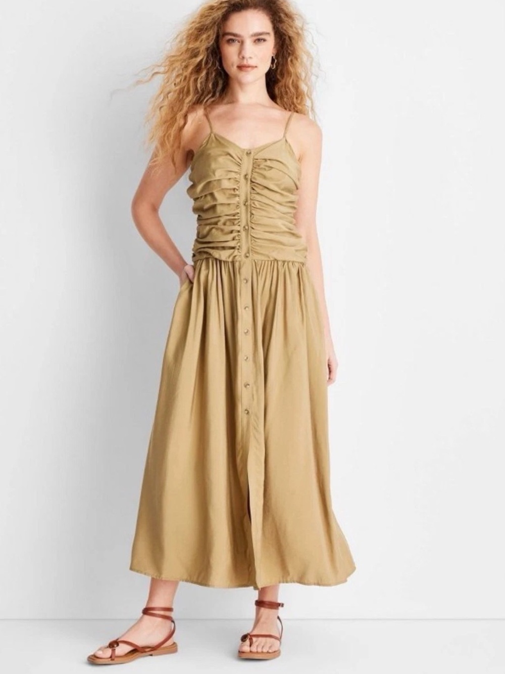 NWT Future Collective Jeneé Naylor Khaki Ruffle Button-Front Midi Dress - L